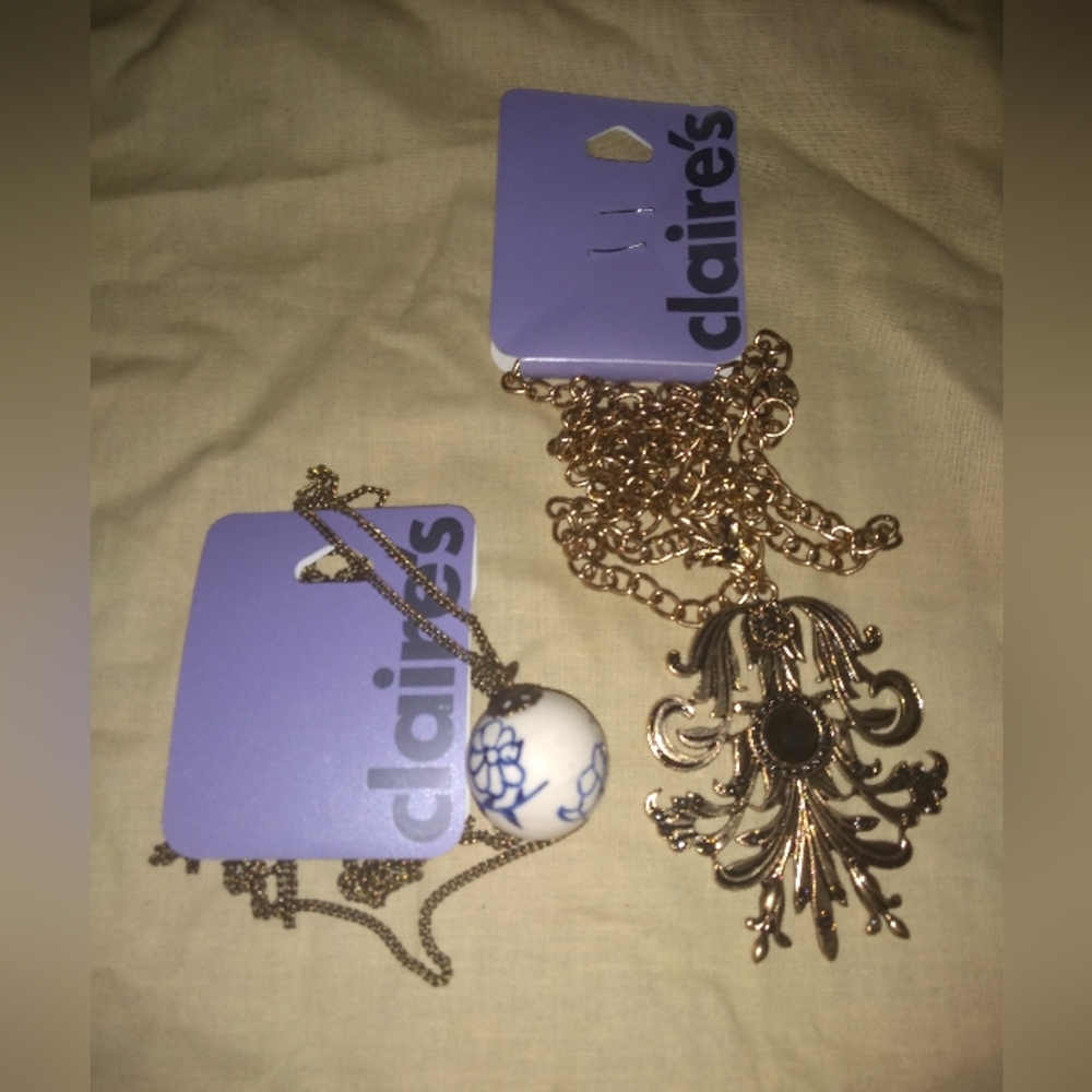 NWT 2 Necklaces, Both Long, Claire's, Blue & White Glass Pendant, Gold F…